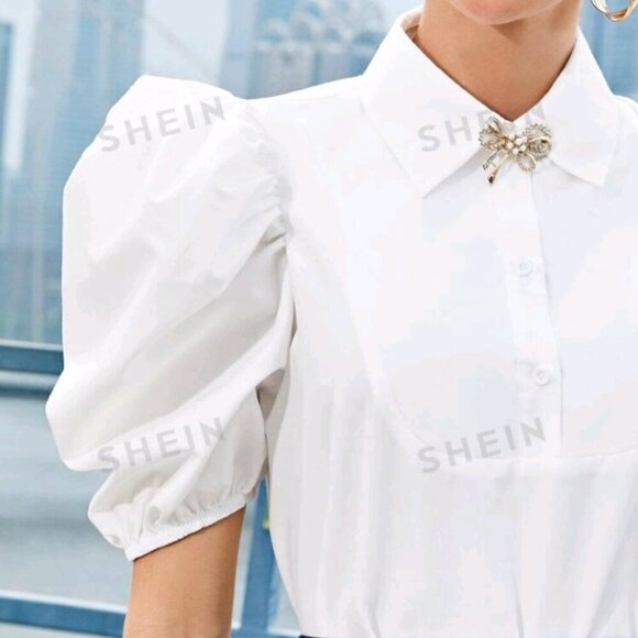 Puff Sleeve Half Button Bow Front Crop Top - Picture 5 of 8